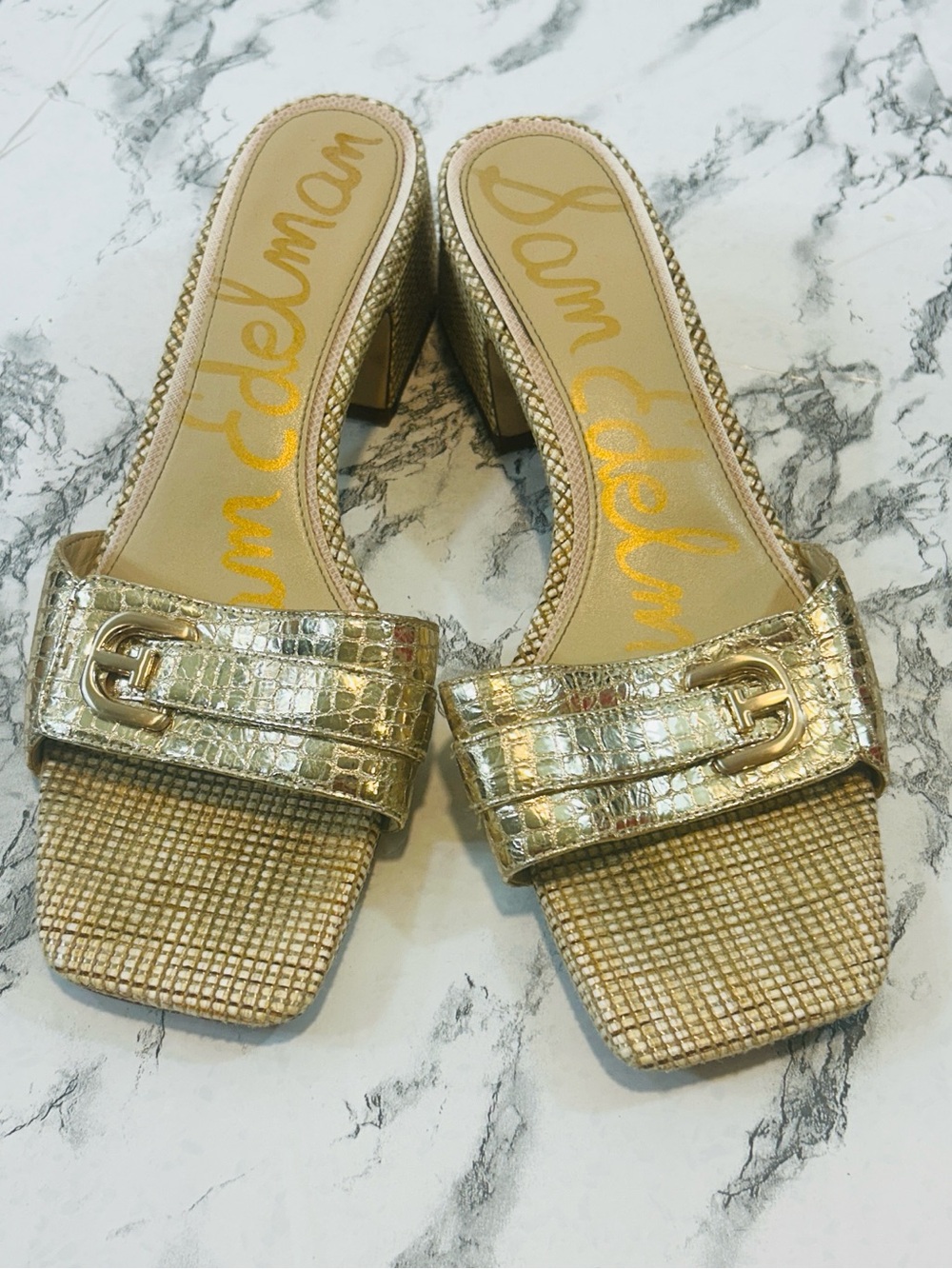 Sam Edelman Metallic Gold Croc-Embossed Slide Mules